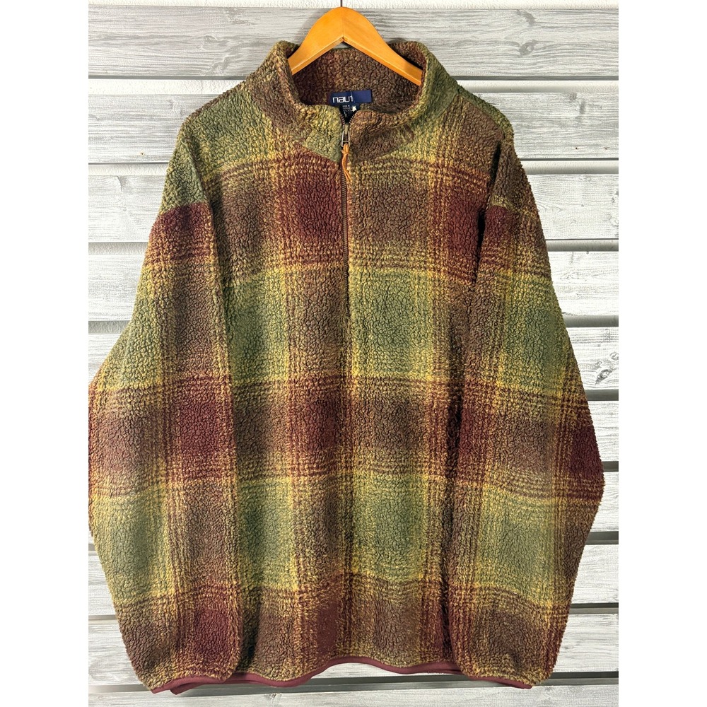 Vintage 90s Nautica Mens XXL Plaid Sherpa Fleece 1/4 Zip Jacket Made in USA